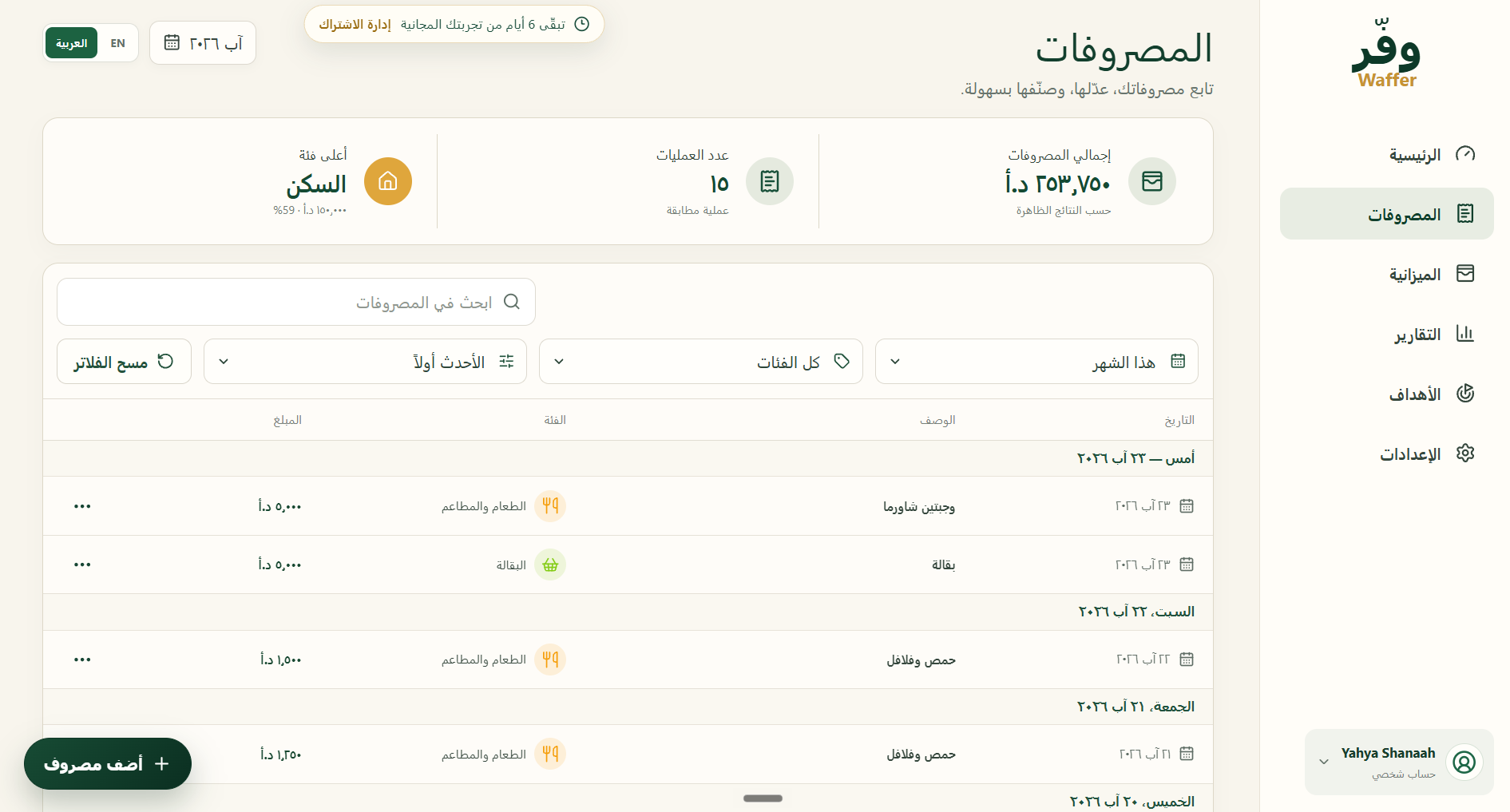 صفحة المصروفات في تطبيق وفّر